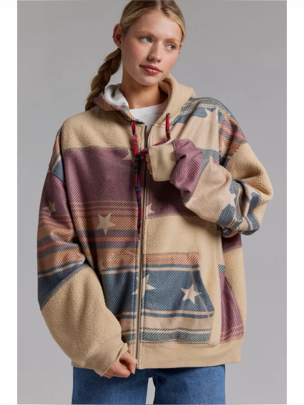 Urban Outfitters BDG Hunter Patchwork Fleece Zip Up Hoodie Sweatshirt